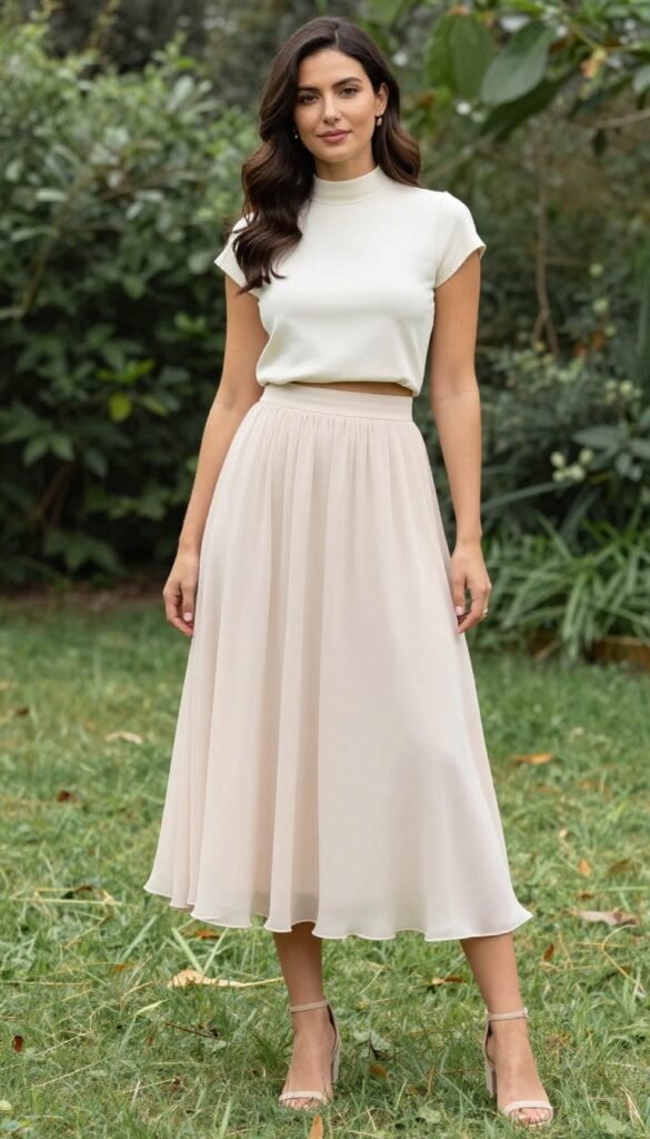 Woman in boho two-piece set with high-neck crop top and flared midi skirt at outdoor wedding venue