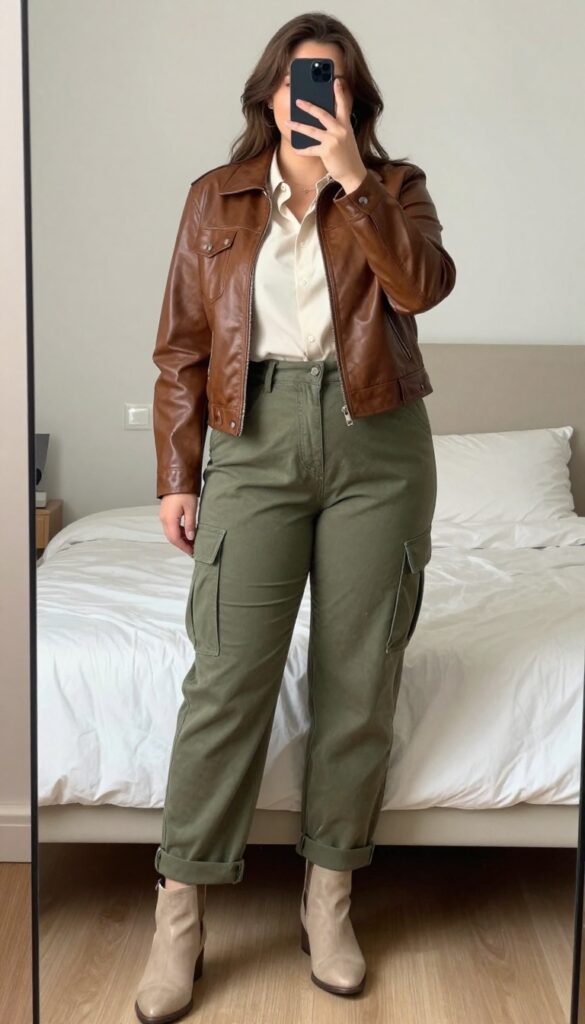 A woman wearing a brown leather jacket over a cream blouse tucked into olive cargo pants, with ankle boots, standing in a modern office setting.