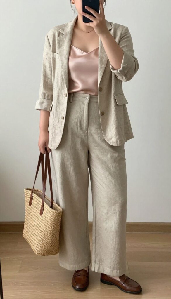 Woman in linen blazer, silk camisole, and wide-leg trousers, standing in a bright office or outdoor setting.