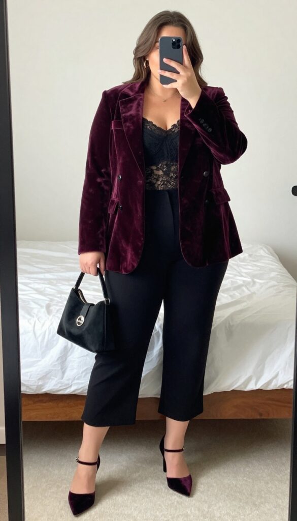Woman in velvet blazer and lace camisole with wide-leg cropped pants, posing in a mirror selfie.