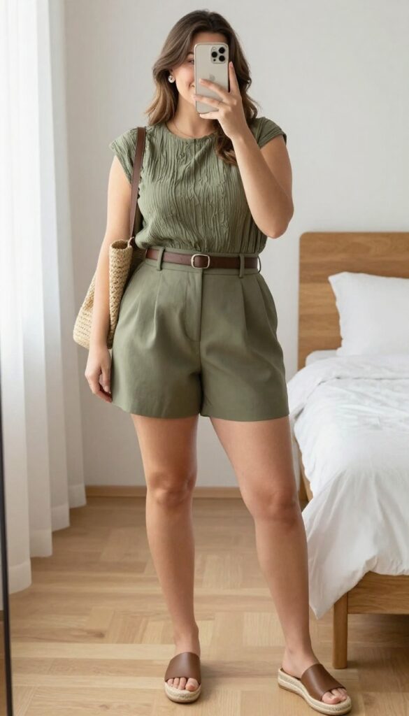 Woman in sleeveless blouse and paperbag waist shorts with espadrilles, holding a woven tote, standing in a bright office or outdoor setting.