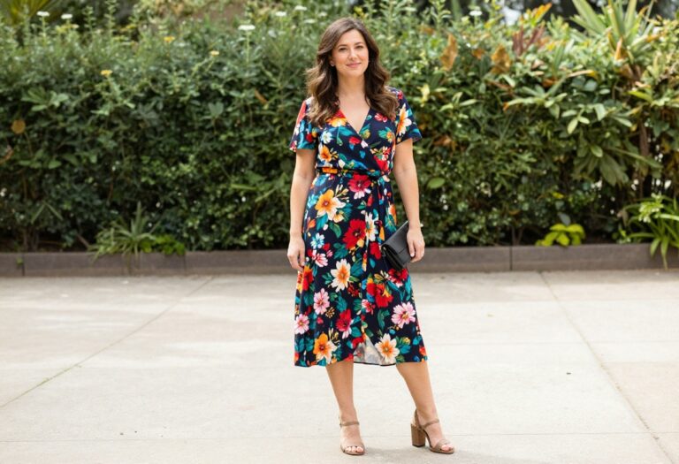 Woman in floral midi dress with block heels for wedding guest outfit