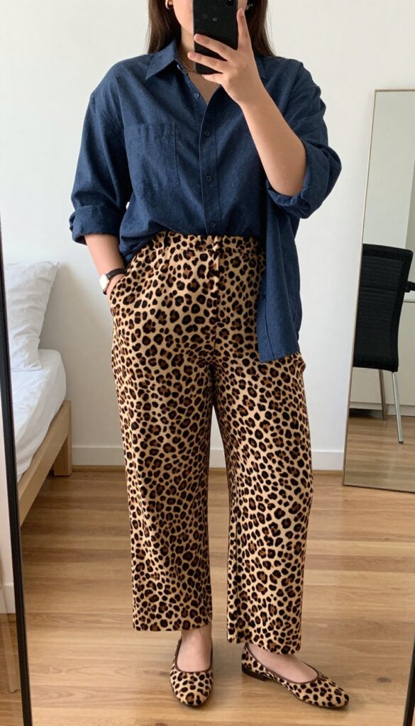 A woman in a chambray shirt and navy wide-leg trousers with leopard flats, standing in a bright office or casual setting.