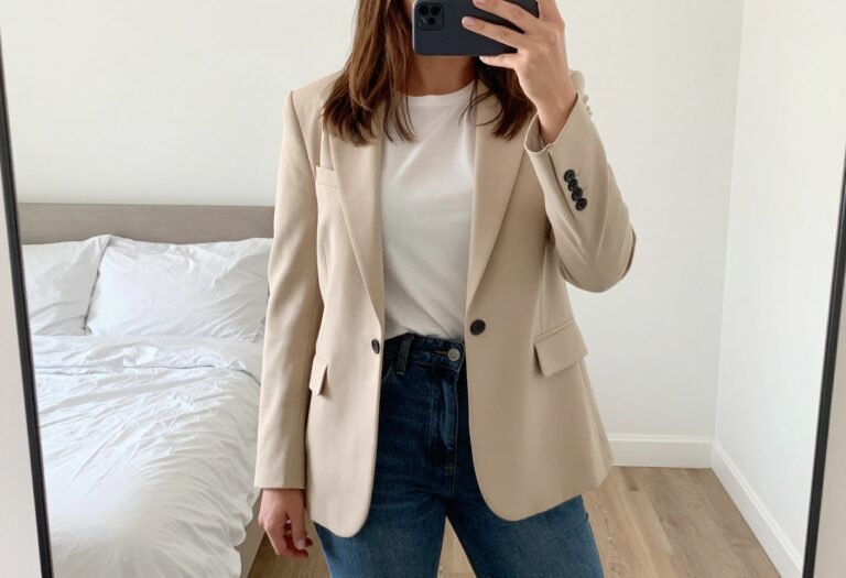 Woman in beige blazer and jeans taking a mirror selfie in bedroom for business casual coffee outfit idea.