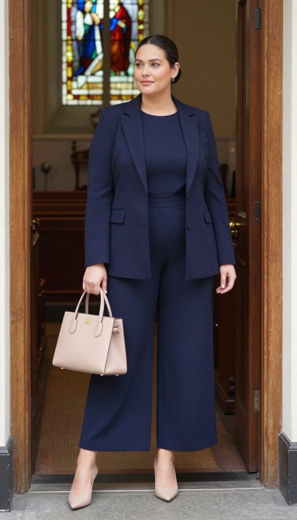 Plus-size woman in navy jumpsuit and longline blazer standing in chapel doorway, nude pumps, beige bag, gold jewelry, low bun, natural light.