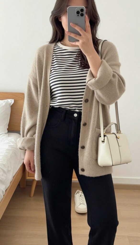 Woman in striped Breton shirt, oversized oatmeal cardigan, black pants, and white sneakers, taking a mirror selfie in a bedroom.
