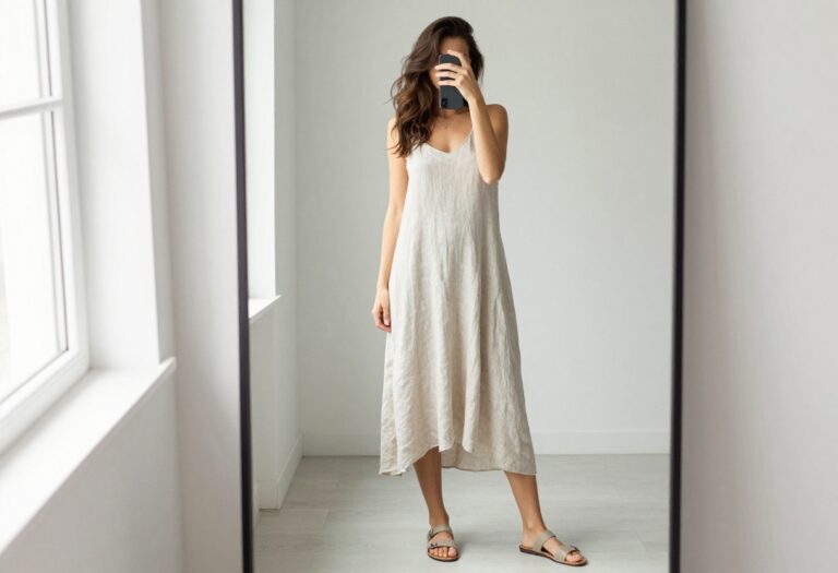 Woman in flowy midi dress and flat sandals taking a mirror selfie, showcasing a casual summer dinner outfit.