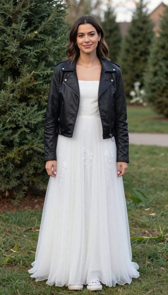Woman in white boho tulle wedding dress with square neckline, cropped black leather jacket, and white Converse sneakers in garden setting