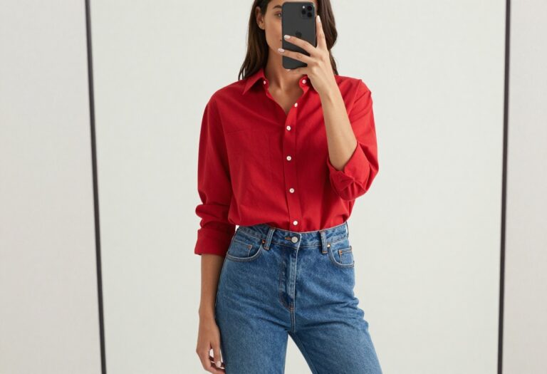 A woman in a casual red shirt and high-waisted blue jeans takes a mirror selfie, partially covering her face with her phone, showcasing a balanced and effortless outfit.
