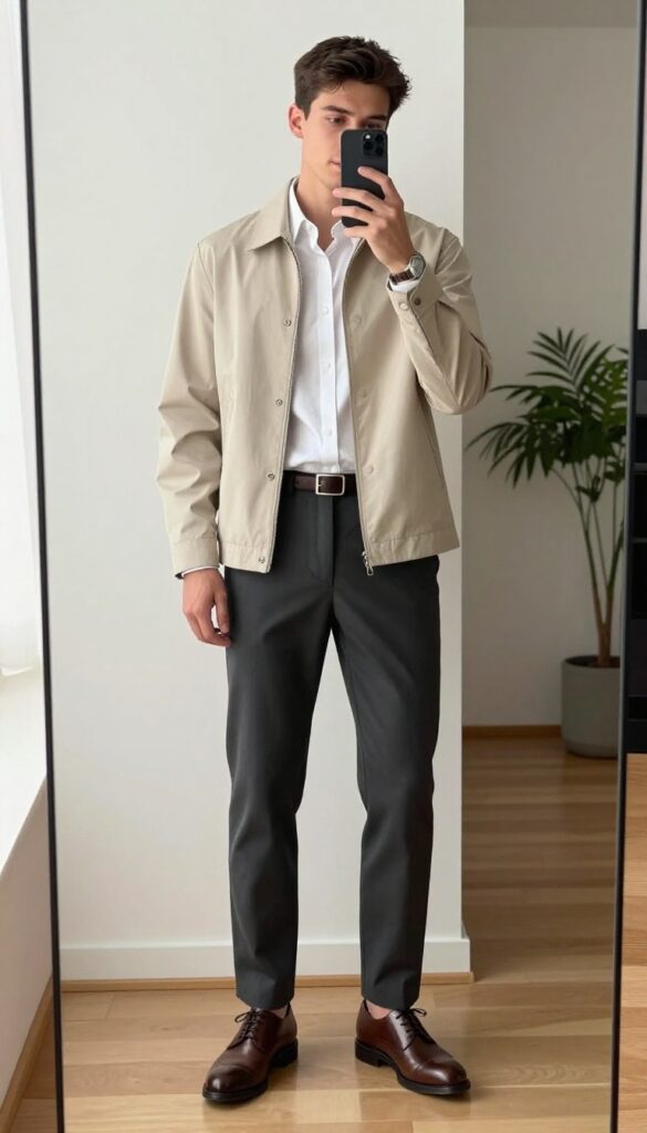 A man in a light jacket and dress pants takes a mirror selfie, showcasing a business casual outfit with a fitted jacket, neutral shirt, and leather shoes.