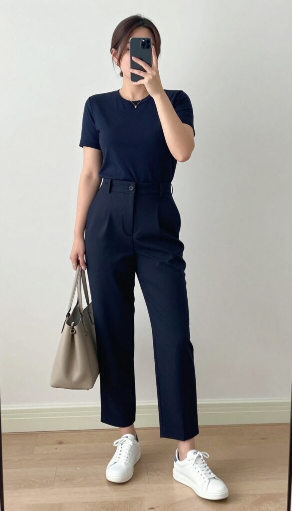A woman in a navy blazer, fitted tee, and tailored culottes poses in a bright office setting, wearing white sneakers and carrying a structured tote.