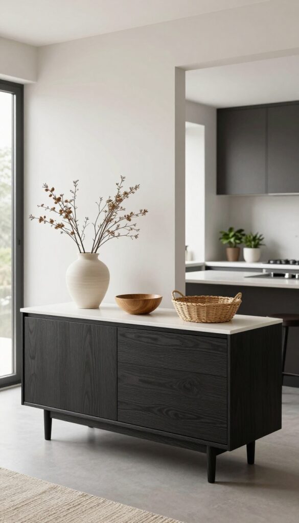 Two-tone sideboard with dark wood base and white top in a bright kitchen, styled with neutral accessories and plants.