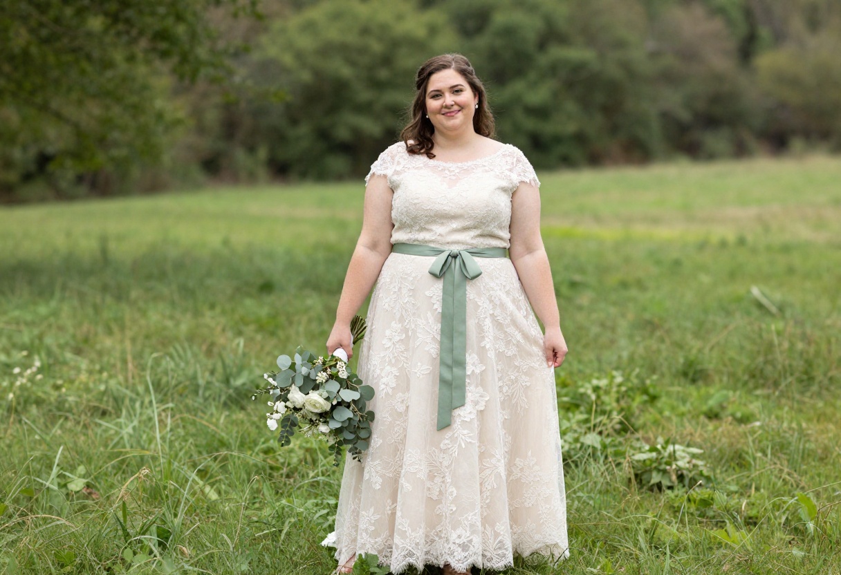 Plus size bride in ivory lace A-line dress with sage green belt in meadow