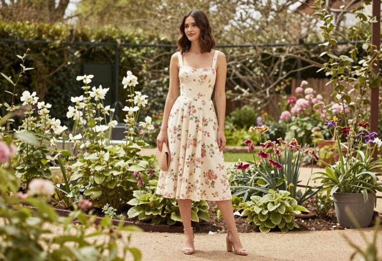 Woman in floral midi dress with ivory corset and block-heel sandals in garden