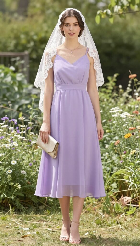 Bridesmaid in lavender chiffon A-line dress and floral lace veil, standing in a sunlit garden with wildflowers, wearing nude sandals and natural makeup.