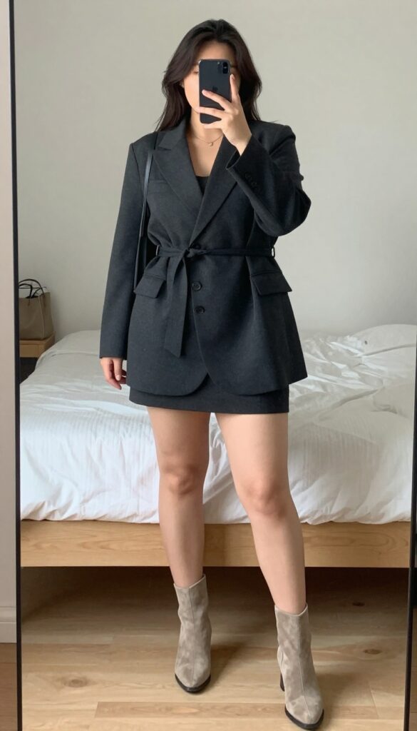 Woman in charcoal blazer dress and suede ankle boots, posing in mirror selfie