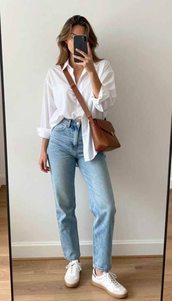 Young mom in light blue mom jeans and oversized white button-up shirt, partially tucked, with white sneakers and crossbody bag, taking a mirror selfie in a bright room.