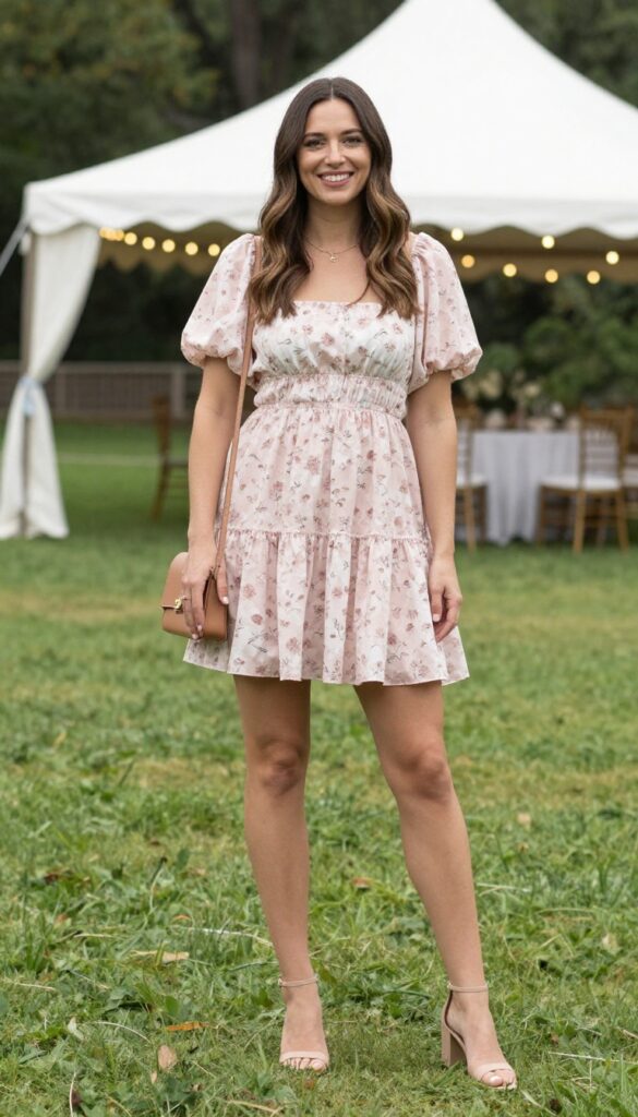 Woman in tiered floral mini dress with block heels at garden wedding