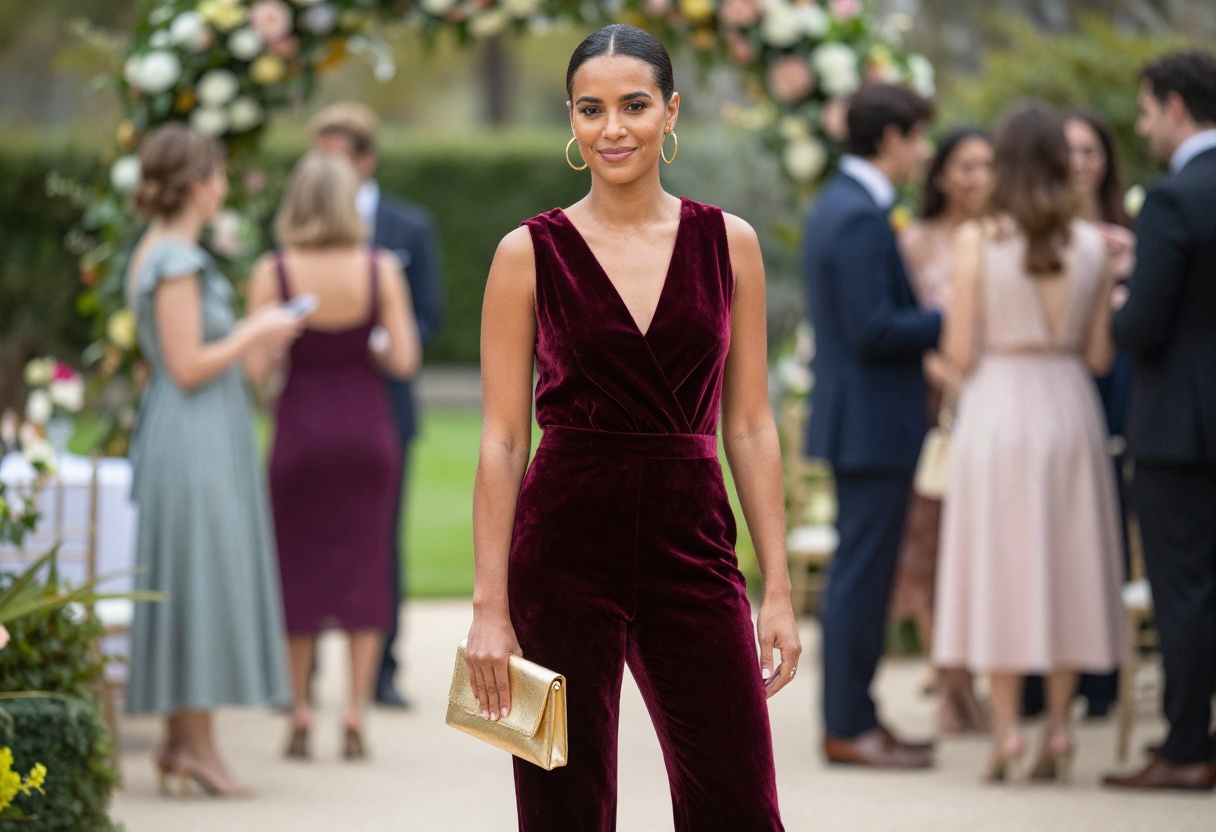 Woman in burgundy velvet jumpsuit with gold earrings at a garden wedding