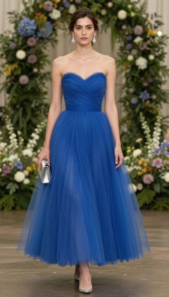 Woman in cornflower blue ball gown with tulle skirt at formal evening wedding