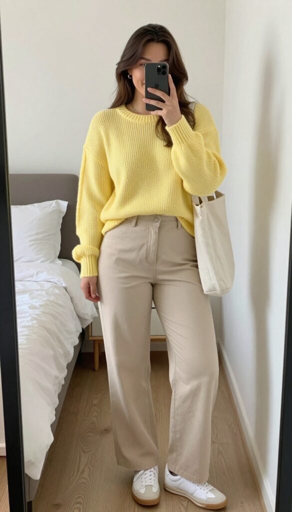 Yellow sweater and beige wide-leg pants outfit with white sneakers and canvas tote.