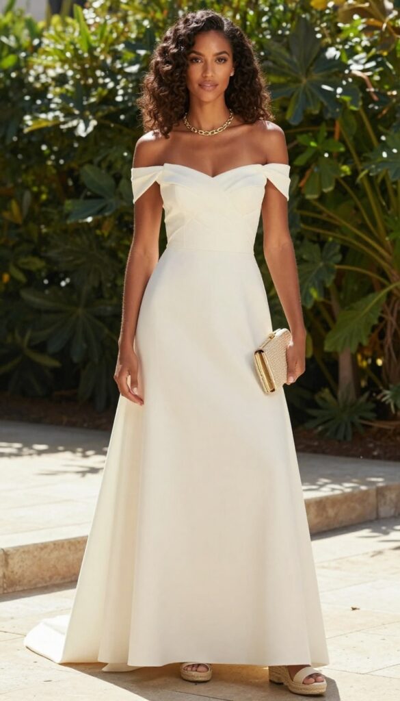 Dark-skinned bride in off-shoulder mikado wedding dress with gold accessories and espadrilles in garden