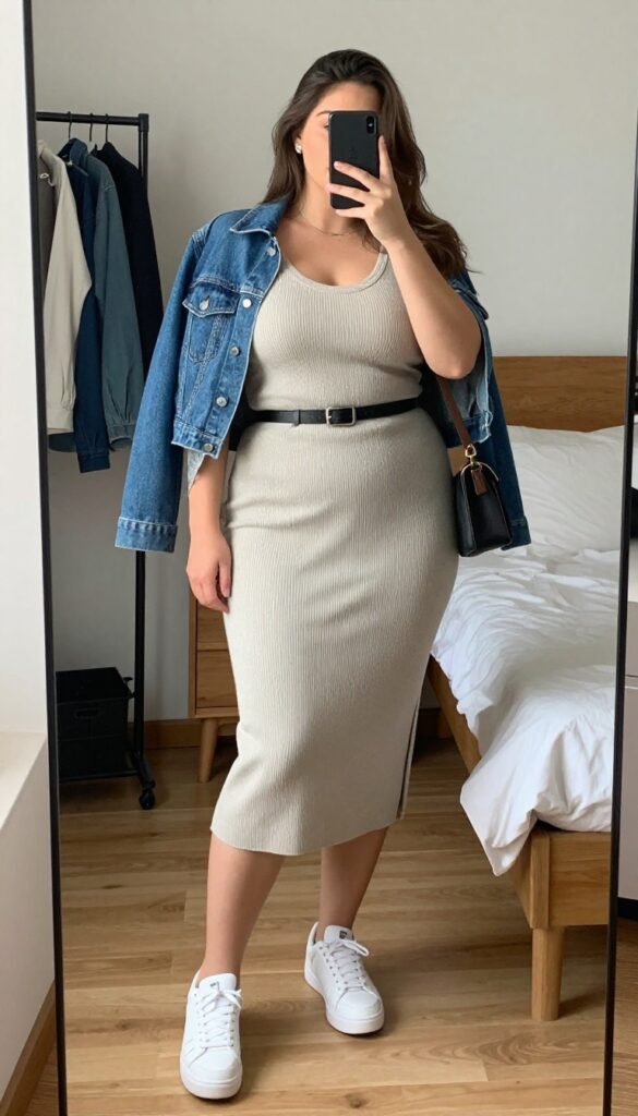 Petite woman in ribbed knit midi dress with belt and white sneakers, taking a mirror selfie in bedroom, phone partially covering face.