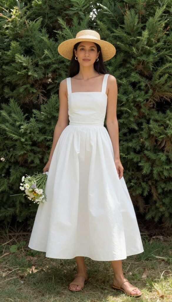 Woman in white puffy wedding dress with straw hat and flat sandals in garden