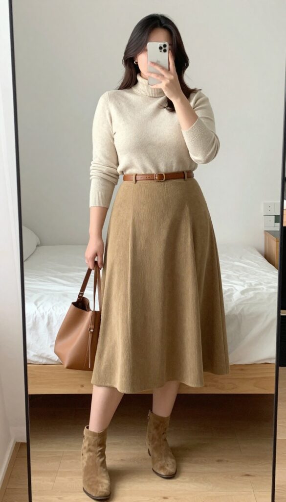 Woman in A-line midi skirt and turtleneck with belt, ankle boots, and tote bag.