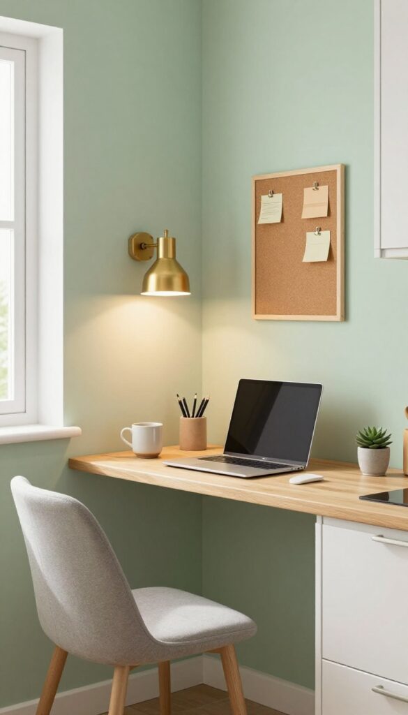 Compact corner desk nook in a kitchen with a small triangular table, wall lamp, and slim chair, set against a sage green accent wall with a corkboard.