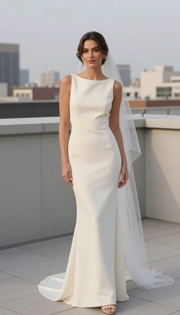 Minimalist column wedding dress with shoulder-length veil on a rooftop