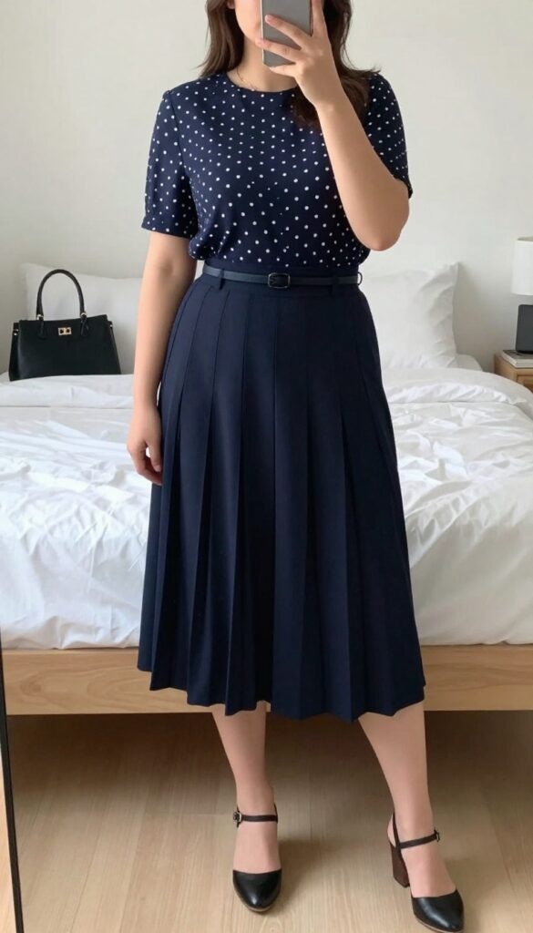 Model in short-sleeve patterned blouse tucked into pleated midi skirt with wedge sandals and structured handbag, standing in office setting.