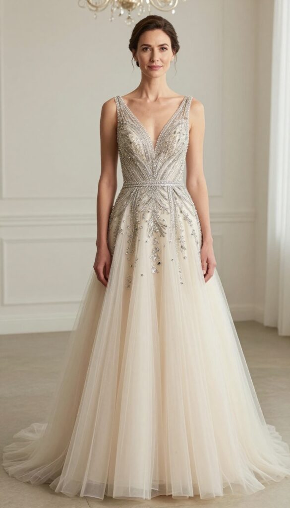 Embellished ball gown with beaded bodice and full tulle skirt