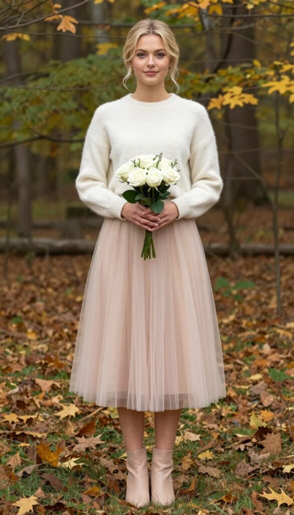 Woman in ivory cashmere sweater and blush tulle midi skirt with nude heeled booties and white rose bouquet in forest setting