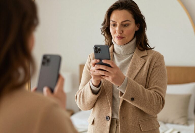 Woman in knit blazer and turtleneck taking a mirror selfie in a warm bedroom, showcasing a cozy business casual outfit.