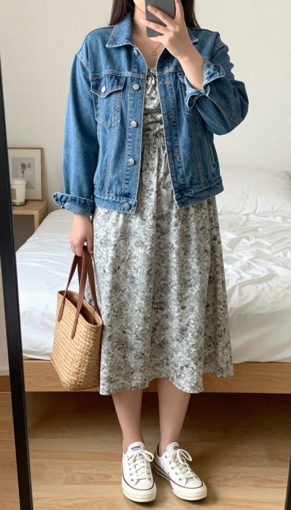 A woman in a light wash denim jacket over a midi dress, wearing white canvas sneakers and carrying a woven tote bag, standing on a college campus.