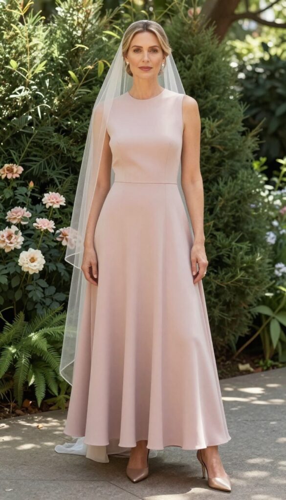 Woman in blush high neck A-line wedding dress with dusty rose veil, standing in sunlit garden.