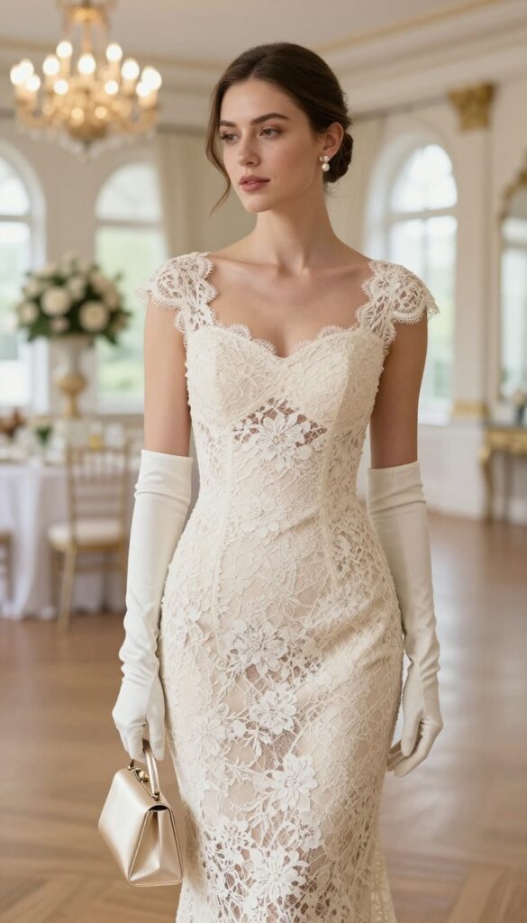 Woman in vintage lace dress with opera gloves
