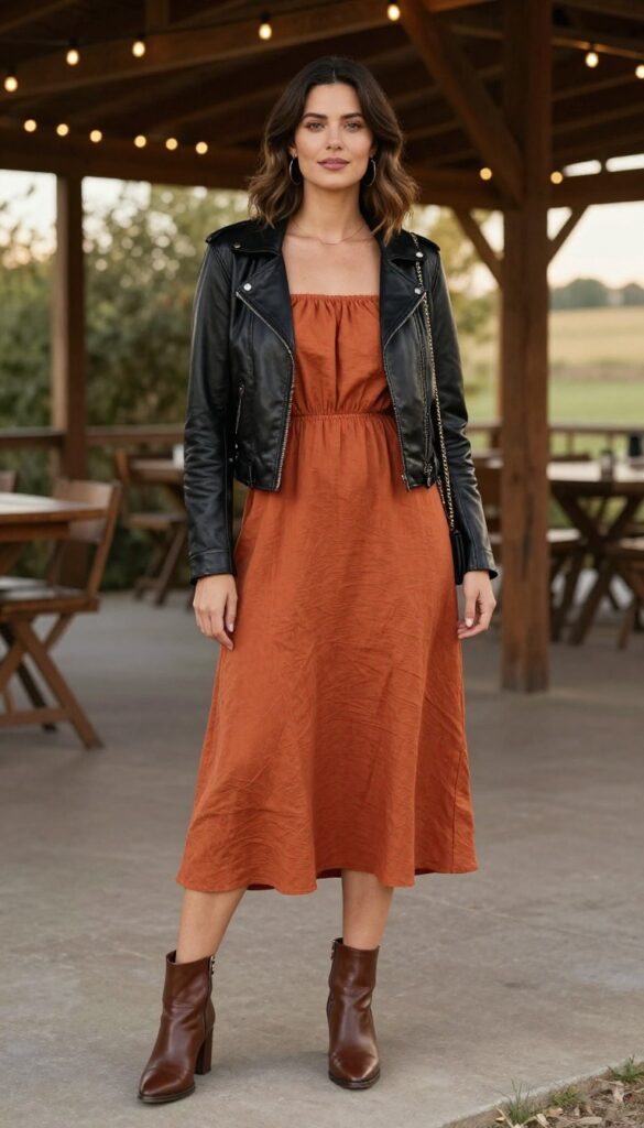 Woman in off-the-shoulder rust dress and leather jacket at barn wedding