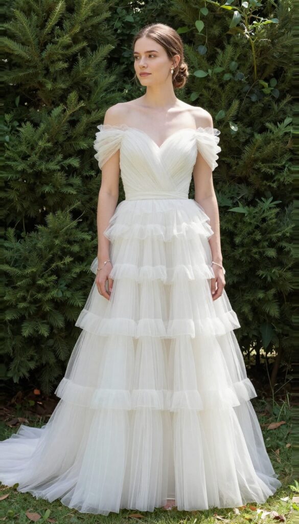 Off-the-shoulder ballgown wedding dress with ruffled tulle skirt in a sunlit garden