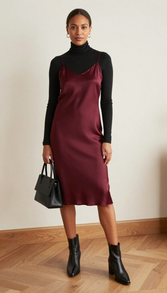 Burgundy satin slip dress over black turtleneck with heeled ankle boots and structured handbag