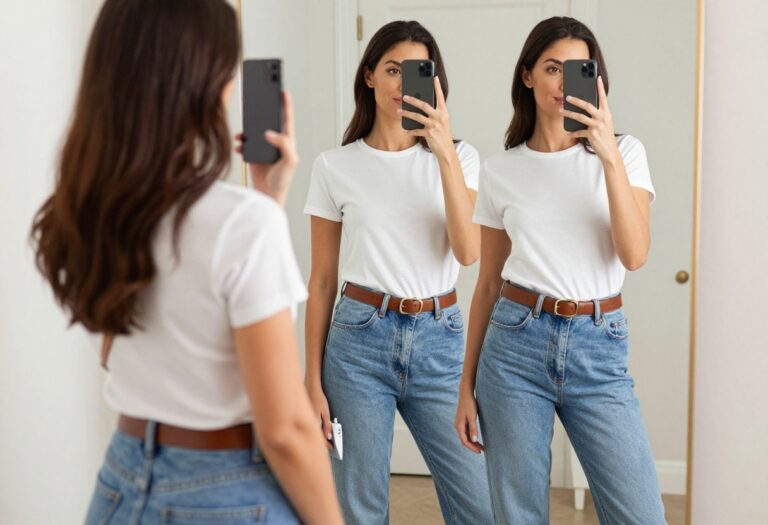 Modern mom taking a mirror selfie wearing a fitted white tee, relaxed straight jeans, and white sneakers, with a crossbody bag, in a bright, clean setting.
