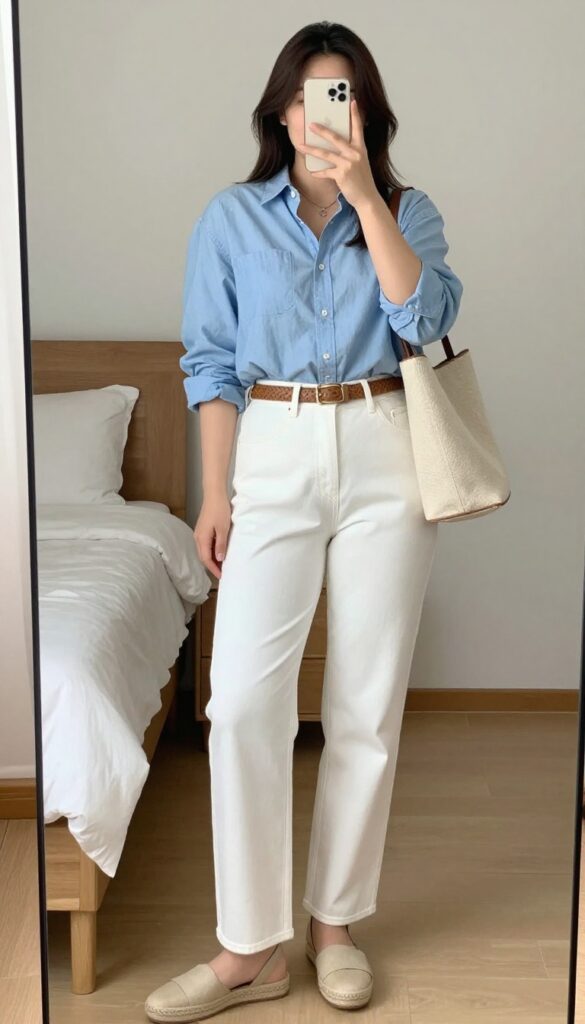 A woman in white jeans and a chambray shirt, wearing espadrilles, standing in a sunny outdoor setting.