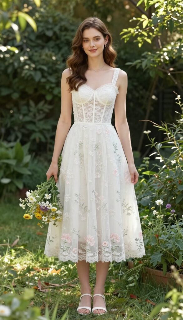 Romantic garden wedding outfit: lace corset with floral embroidered skirt