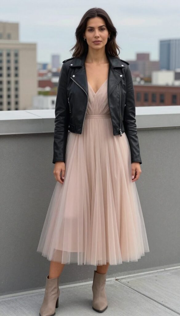 Woman in blush tulle dress with black cropped leather jacket, ankle boots, and clutch on rooftop