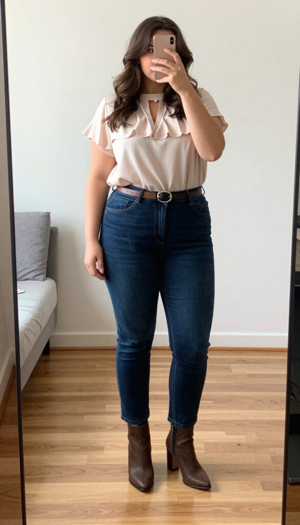 Petite woman in blush ruffle blouse tucked into dark wash bootcut jeans with heeled ankle boots, standing in a casual office setting.
