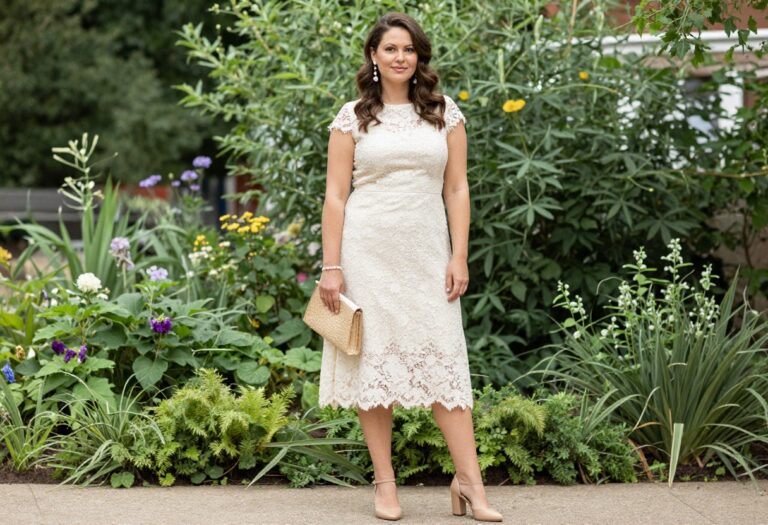 Woman in tea-length lace dress with pearl earrings and bracelet in garden