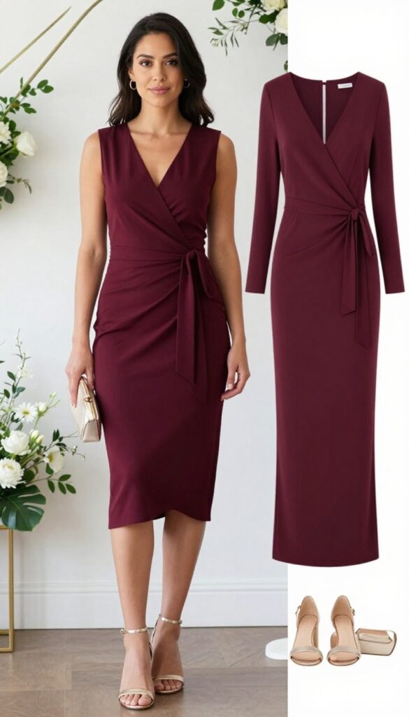 Pregnant woman in her late 20s with visible baby bump, wearing burgundy wrap dress, gold hoops, and low heels, standing in softly lit indoor wedding venue, smiling naturally.