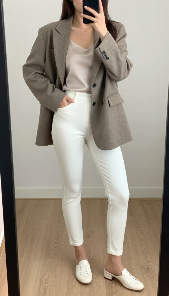 A woman in white ponte knit skinny pants and an oversized gray blazer, wearing a tucked-in silk cami and block-heel mules, carrying a structured tote, in a relaxed office setting.