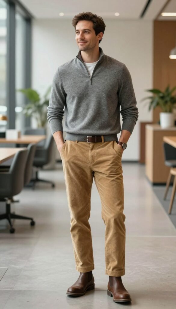 Man in grey quarter-zip sweater and tan corduroy pants with brown Chelsea boots standing in office hallway